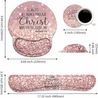 Keyboard Wrist Rest + Mouse Pad Wrist Support Set with Coasters, Non-Slip PU Base Ergonomic Mousepad for Home Office Working Studying Easy Typing & Pain Relief, Bible Verse Philippians 4-13