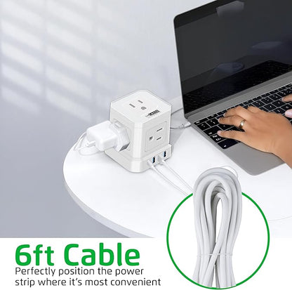 Cube Power Strips with Surge Protection, 6ft Extension Cord with Multiple Outlets, 5 Ac Plugs, 3 USB, 1 Usbc Fast Charging Power Strip with USB Ports, Mountable On/Off Switch Charging Station