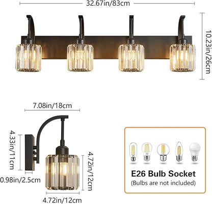 FDPBY 4-Light Crystal Vanity Light, Modern Black Bathroom Wall Sconce with K9 Crystal Shades, 32.67" Long Over Mirror Lighting for Vanity, Makeup, Hallway, Elegant & Easy Install