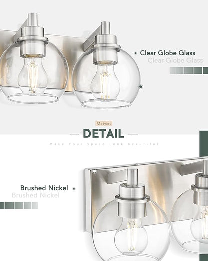 METWET Bathroom Light Fixtures, 3-Light Brushed Nickel Vanity Light, Modern Wall Sconces with Globe Clear Glass Shade, Vanity Lighting Fixtures Over Mirror, VL195-BN-CL-3
