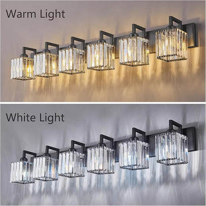 FDPBY Black Bathroom Light Fixture, 6-Light Crystal Vanity Lighting, Bathroom Lighting Fixtures Over Mirror, Modern Crystal Wall Lamp