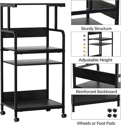 Arbuxzuy 4 Tier Stand with Storage Shelf, Tall Mobile Printer Table for Home Office, Adjustable Stands for Heat Press Scanner Fax (Black)