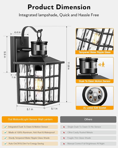 VIANIS Outdoor Wall Lantern With Motion Sensor, Dusk To Dawn Exterior Light Fixtures Wall Mount, LED Outdoor Porch Light, Anti-Rust 100% Aluminum Modern Black Outdoor Sconce Lights for Garage,Entryway