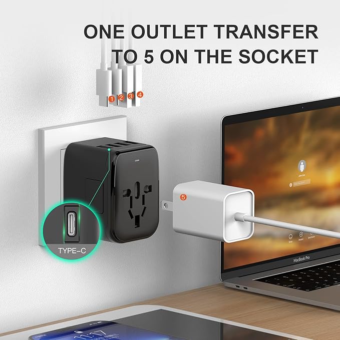 Universal International Power Travel Plug Adapter, 5 in 1 European Travel Plug Adapter W/ 3.5A 2xUSB-A and 2xUSB C Wall Charger and Worldwide AC Outlet for Europe USA UK AUS Asia