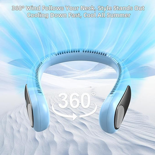 Portable Neck Fan,Personal Wearable Bladeless Fan,LED Display,4-Speeds,6000mAh USB Rechargeable,360° Strong Cooling Wind,Hands Free,White Elephant Gift,Christmas Gifts for Men Women (Light blue)