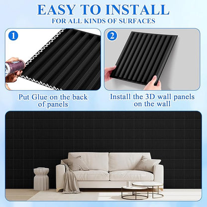 Nuanchu 60 Pcs 3D Slat Wall Panels 12 x 12 Inch PVC Fluted Textured Panel Cuttable Paintable DIY Wall Art Decorative Tiles for Ceiling Studio Bathroom Interior TV Background (Black)