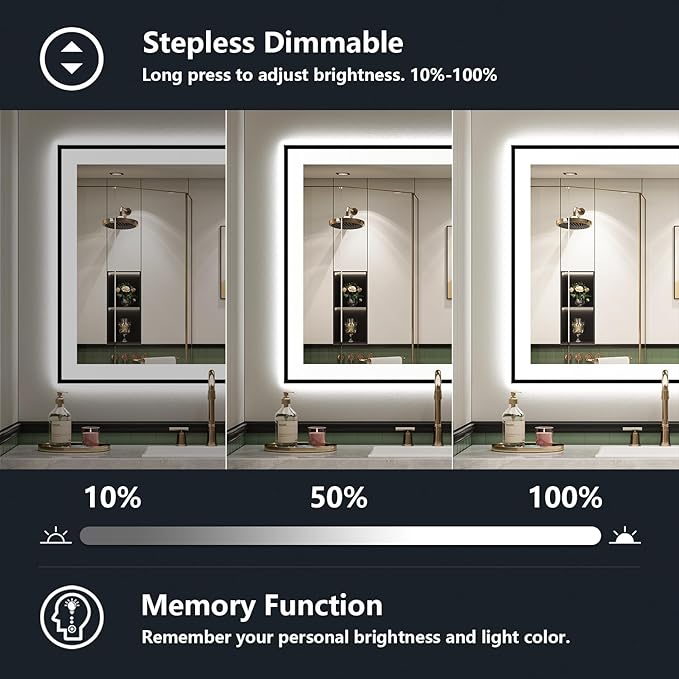 YEELAIT 28x32 Inch LED Bathroom Mirror with Lights (Front Lit and Backlit) Black Framed Lighted Vanity Mirror for Bathroom Wall Dimmable Anti-Fog Memory Tempered Glass Horizontal/Vertical
