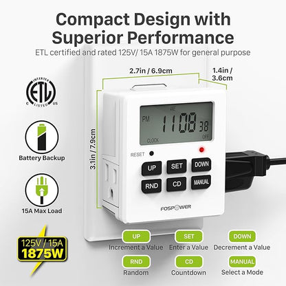 Fospower 7 Day Digital Timers for Electrical Outlets Indoor, Heavy Duty Dual Programmable Outlet Light Timer Switch, Electric Power Wall Timer for Grow Light, Appliance, Lamp, 3 Prong, Grounded