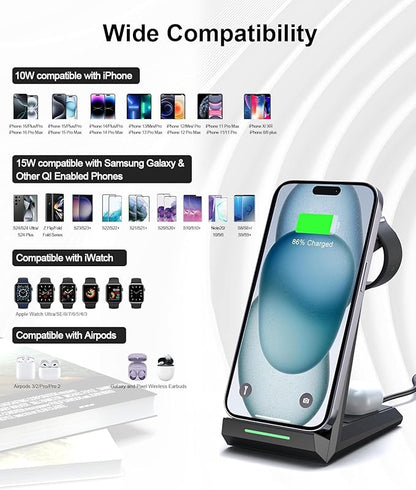 Wireless Charging Station for iPhone - ADADPU 3 in 1 Charger Stand for iPhone 16 Pro Max 15 14 13 12 11 Pro Max XR 8 Plus, for Apple Watch 8/7/SE/6/5/4/3/2,AirPods Pro/3/2(with 5ft Cable and Adapter)