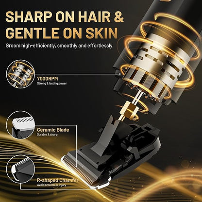 Electric Body Trimmer for Men, IPX7 Waterproof Groin and Pubic Hair Shaver, 2 in 1 Dual Head Grooming Kit for Beard Nose Ear, Cordless Rechargeable with Charging Dock, Ceramic Blades, Painless Trim