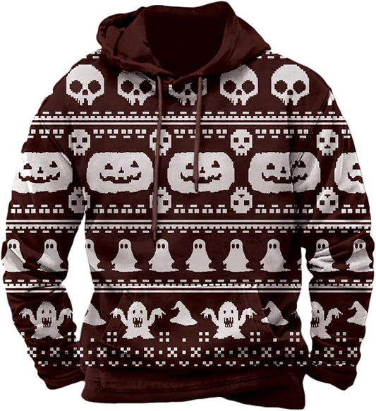 Halloween Hoodie Men Graphic Pumpkin Ghost Printed Sweatshirt Casual Trendy Long Sleeve Halloween Hooded Tops with Pockets