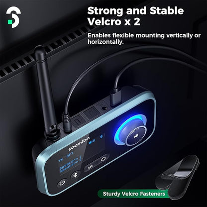 SOOMFON Bluetooth Transmitter for TV 3-in-1 Bluetooth 5.0 Transmitter Receiver for TV to 2 Headphones with LCD Display Adjustable Volume, Optical AUX RCA Bypass for Home Stereo Speaker