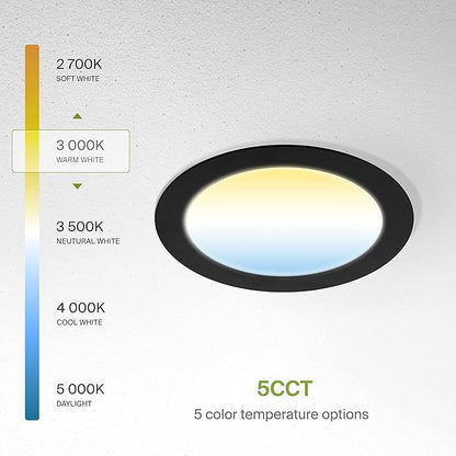 ASD 12 Pack LED Recessed Lighting 6 Inch 15W, 5 CCT 2700K-5000K CRI90+, IC Rated Ultra Thin Dimmable Ceiling Lights with J Box, Canless Wafer Downlight, Round Slim Panel Light, UL Energy Star, Black