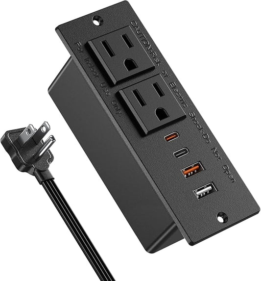 Recessed Power Strip with 30W USB C,Ultra Thin Flat Plug Power Strip,2 Outlets 4 USB Ports,Furniture Flush Mount Desk Outlet,Recessed Outlet for Side Table/Sofa Table,6ft Cord (Black)