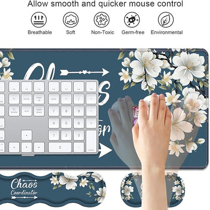 4 in 1 Ergonomic Keyboard Wrist Rest & Mouse Pad Wrist Rest Set, Large XXL Gaming Desk Mat 31.5"x 11.8" with Non-Slip Base, Memory Foam for Home Office Study Gaming, Floral Quote Chaos Coordinator