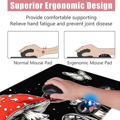 BFUKVOU Large Keyboard Mouse Pad Set, Extended Mouse Pad+Keyboard Wrist Rest Support, Memory Foam Ergonomic Easy Typing, 4Pcs (31.5×11.8 in) Desk Pad Set for Office Home,Mushrooms and Butterflies