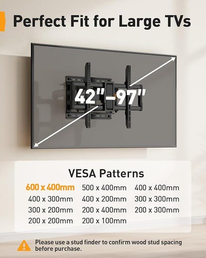 Perlegear UL-Listed Full Motion TV Wall Mount for 40–86 Inch Flat Curved TVs up to 132 lbs, 12″/16″ Wood Studs, TV Mount Bracket with Tool-Free Tilt, Swivel, Extension, Max VESA 600 x 400mm, PGLF15