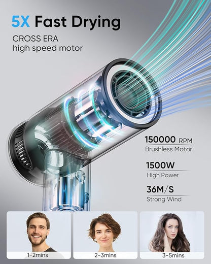 Cosy Companions Hair Dryer - High-Speed 150,000 RPM Hairdryer for Fast Drying, 500Million Negative Ionic & Thermo-Control & Cool Shot Button & HD Display Blow Dryer with Magnetic Diffuser & Nozzle