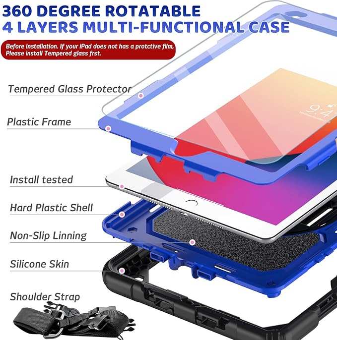 BLOSOMEET Case for iPad 8th 9th Generation 2020 2021 10.2 Inch with Tempered Glass Screen Protector & Pencil Holder,Rugged iPad 7th Gen 10.2 Case Cover 2019 w/Stand Hand Shoulder Strap,Blue