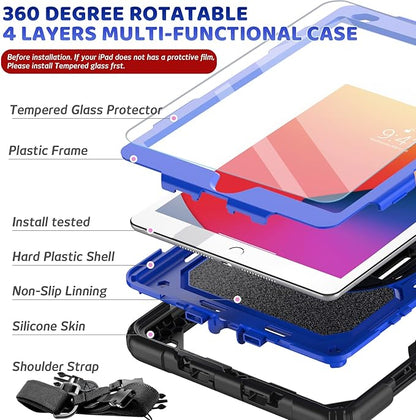 BLOSOMEET Case for iPad 8th 9th Generation 2020 2021 10.2 Inch with Tempered Glass Screen Protector & Pencil Holder,Rugged iPad 7th Gen 10.2 Case Cover 2019 w/Stand Hand Shoulder Strap,Blue