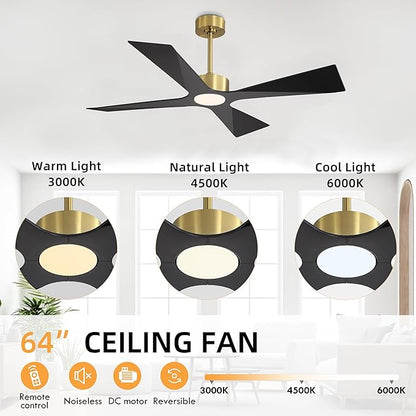 WINGBO 64" Wet Rated Outdoor Ceiling Fan with Lights, 4 ABS Plastic Blades, Reversible DC Motor, 6-Speed Remote Control, 3 CCT, Waterproof Ceiling Fan for Patio Porch Gazebo Garage, Brass and Black