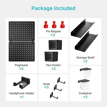 PEGZONE Pegboard Wall Organizer Combination Kit, Overall 25.4"x16.6" Metal Office Pegboard with 13 Accessories, Wall Mounted Peg board Display Panels for Home, Gaming Room, Garage (2Pcs, Medium,Black)