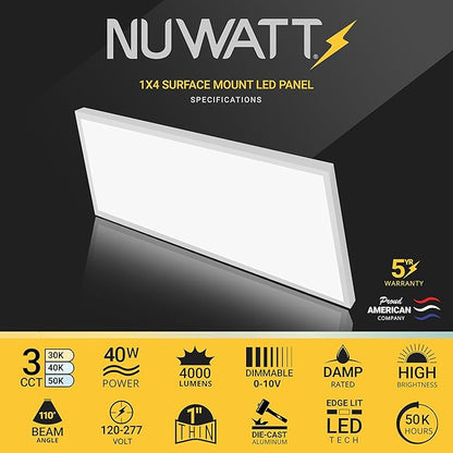 NUWATT 2 Pack 1x4 FT LED Surface Mount Panel 120-277V Universal Voltage, 3CCT 3000K/4000K/5000K Selectable, 4000LM, 40W, Internal Driver, 0-10V Dimmable, 12x48 Inch Flush Mount Ceiling Light, 1" Thick