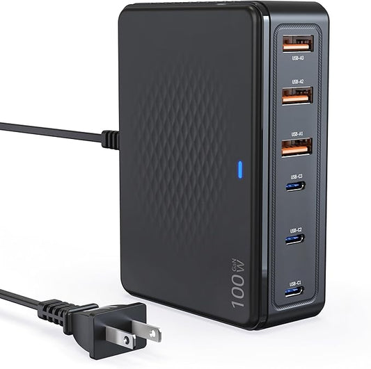 100W USB C Fast Charger, GaN III 6 Port PD+QC Multiport Charging Station Charger Hub, USB Charger Block, USB-C Adapter Plug for iPhone 17,17 Air,16,15, 14, 13, Pro Max, Galaxy S25, S24-5ft Cord