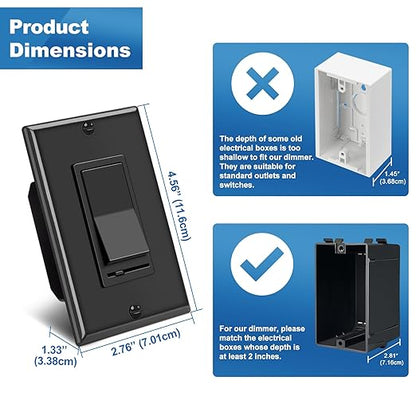 BESTTEN 6 Pack Dimmer Wall Light Switch, Compatible with Dimmable LED, CFL, Incandescent and Halogen Bulb, Single Pole or 3-Way Dimmer Switches, 120VAC, Decorator Wall Plate Included, Black
