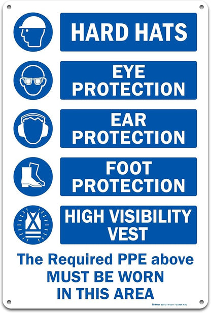 Brimar - 12" x 18" - The Required PPE Must Be Worn Sign - .055″ Polyethylene Plastic - International Mandatory Symbols - Easy Installation