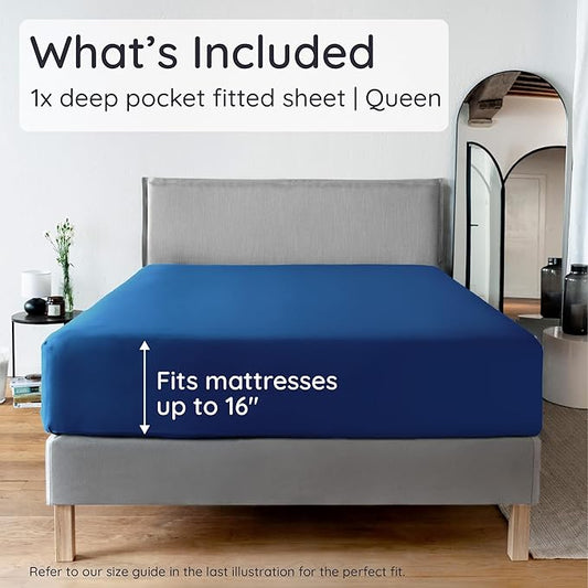 Bambaw 100% Viscose Derived from Bamboo Fitted Sheets Queen Size, Cooling Fitted Sheets Queen Size, 16’’ Deep Pocket Navy Blue Fitted Sheet, Breathable Queen Mattress Fitted Sheet Only (Navy Blue)