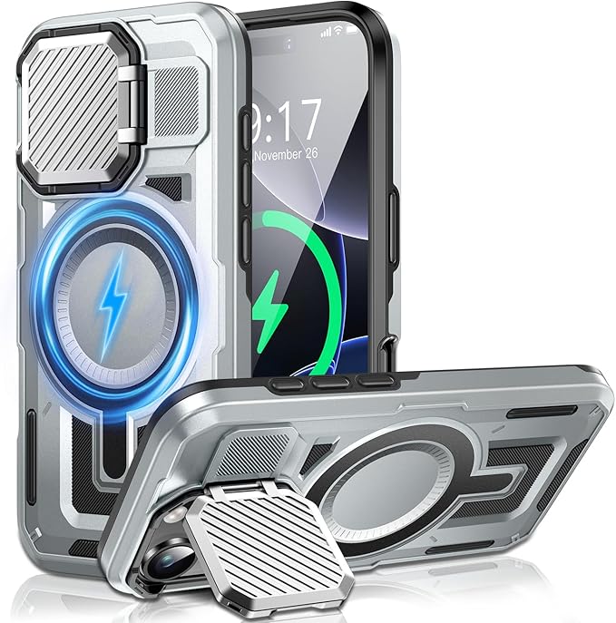 Camera Stand Case for iPhone 16 Pro Max, [Compatible with MagSafe] [Lens Cover] 2024 Version Military Grade Protective Soft Case for iPhone 16 Pro Max 6.9 inch Men Women, Grey