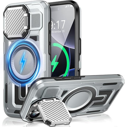 Camera Stand Case for iPhone 16 Pro, [Compatible with MagSafe] [Lens Cover] 2024 Version Military Grade Protective Soft Case for iPhone 16 Pro 6.3 inch Men Women, Grey