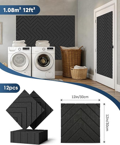 Woovio Sound Proof Foam Panels for Walls, 12 Pack Self-Adhesive Acoustic Panels, 12" X 12" X 0.4" Soundproof Wall Panels for Door, Ceiling, Home Office Black