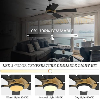 SMAAIR Smart Ceiling Fans with Lights and Remote, 52 Inch Low Profile Ceiling Fan with Dimmable LED Light, 10-Speed Reversible DC Motor Works with APP/Alexa/Google Assistant/Siri Control(Black/Gold)