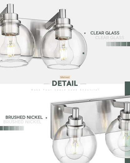 METWET Bathroom Light Fixtures, 4 Light Brushed Nickel Vanity Light, 26 Inch Modern Wall Sconces with Globe Clear Glass Shade, Vanity Lighting Fixtures Over Mirror, VL195-BN-CL-4