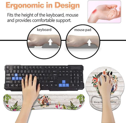 Keyboard Wrist Rest + Mouse Pad Wrist Support Set with Coasters, Non-Slip PU Base Ergonomic Mousepad for Home Office Working Studying Easy Typing & Pain Relief, Horse Theme, Horses Make Life Better