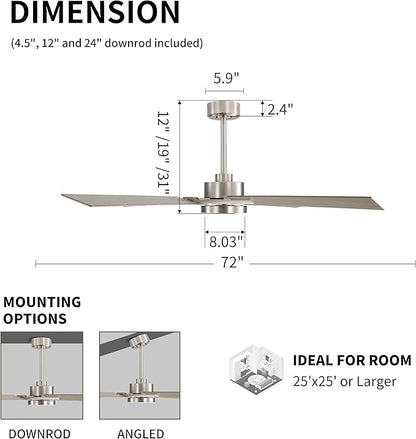 WINGBO 72 Inch Ceiling Fan with Light and Remote, 4 Plywood Blades, 6-Speed Reversible DC Motor, Dimmable, 3CCT, Farmhouse Ceiling Fan for Bedroom Living Room Kitchen, Brushed Nickel and Gray