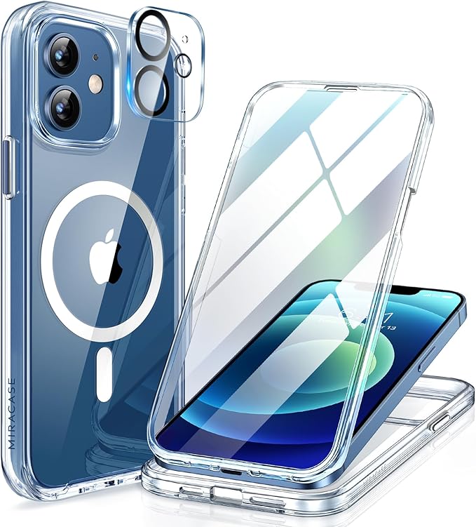 Miracase Magnetic for iPhone 12/12 Pro Case 6.1 inch, (Compatible with MagSafe) Upgrade Full-Body Clear Phone Bumper Case with Built-in 9H Tempered Glass Screen Protector, Magnetic Clear