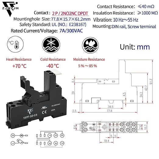 Power Relay 12V Miniature Electromagnetic Relay 8Amp DPDT 2-Pole with Indicator Light, Test Button and Socket Base UL Certification (8 Pin- 8A, DC 12V)