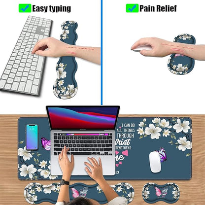 Ergonomic Keyboard Wrist Rest & Mouse Pad Wrist Rest Set, Large XXL Gaming Desk Mat 31.5"x 11.8" with Non-Slip Base for Home Office Study Gaming, Floral Butterfly Quote Bible Verse Philippians 4:13