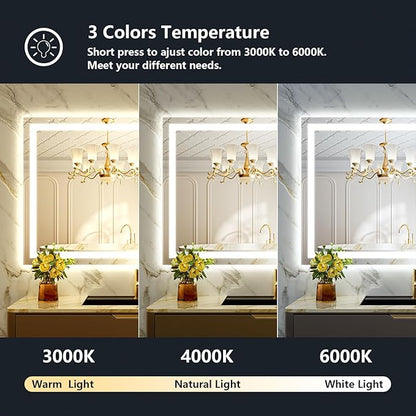 YEELAIT 48x30 Inch LED Bathroom Mirror with Lights Front and Backlit Lighted Vanity Mirror for Bathroom Wall with 3 Colors Dimmable Anti-Fog Memory Shatter-Proof IP54 Waterproof Horizontal/Vertical