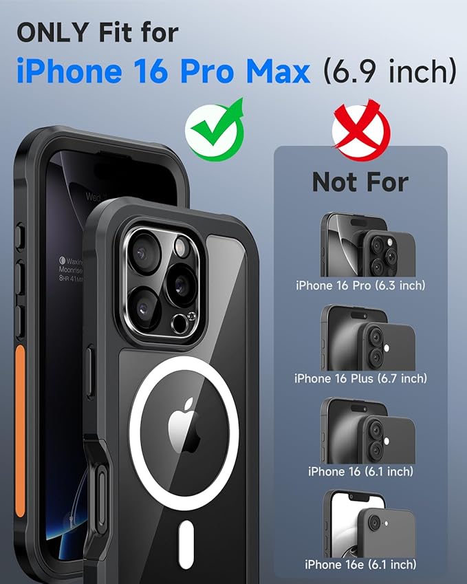 seacosmo for iPhone 16 Pro Max Case, Full Body Bumper with Built-in 9H Tempered Glass Privacy Screen Protector and Camera Lens Protector, Compatible with MagSafe, Shockproof Phone Cover, 6.9", Black