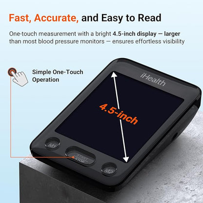 iHealth Accu Blood Pressure Monitor – 4.5" Large LCD(Black), Clinically Accurate, Irregular Heartbeat Alert, Body & Cuff Detection, Bluetooth Sync, Large 8.6"–17" Cuff– Easy for Seniors & Adults
