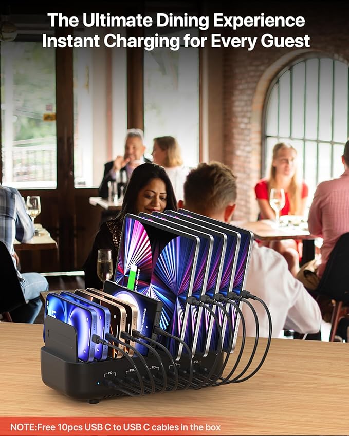 SooPii USB Charging Station,100W Fast Charging Station for Multiple Devices with 10pcs USB C Cables, 10-Port Type C Phone Charger Station Organizer Compatible with lPad,Tablet,Kindle and More(Black)