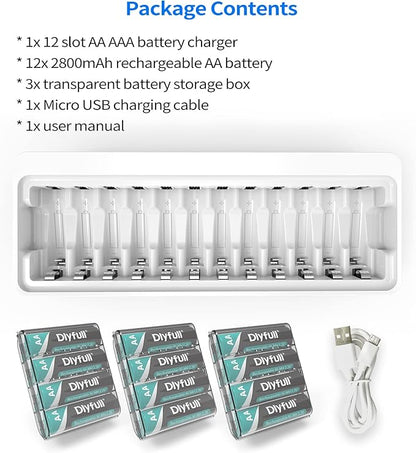 Dlyfull Rechargeable AA Batteries with Charger, 12PCS 2800mAh High Capacity Low Self Discharge Ni-MH Double A Batteries with Battery Charger -USB&Type C Dual Input High-Speed Charging Ports
