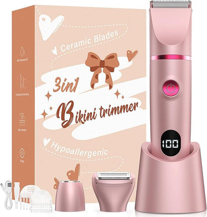 Crolanli Bikini Trimmer for Women, 3-in-1 Electric Razor for Women, IPX7 Waterproof Rechargeable Cordless Pubic Hair Shaver, with LED Display, for Ladies Bikini Pubic, Face, Underarms, Legs(Rose Gold)