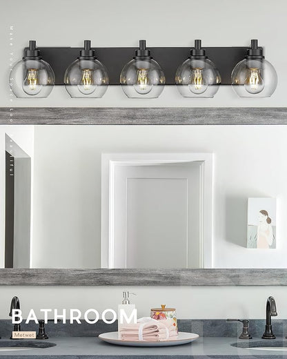 METWET Bathroom Light Fixtures, 5 Light Matte Black Vanity Light, 32 Inch Modern Wall Sconces with Globe Clear Glass Shade, Vanity Lighting Fixtures Over Mirror, VL195-MB-CL-5