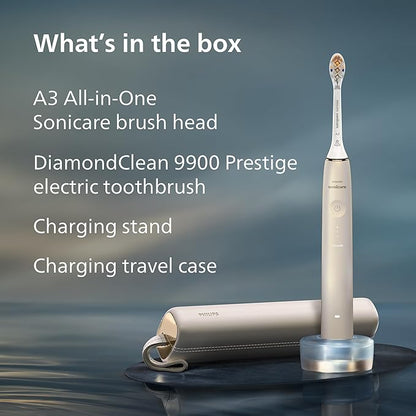 Philips Sonicare DiamondClean 9900 Prestige Electric Toothbrush - with SenseIQ Technology and Advanced AI App, 5 Brushing Modes, 3 Intensity Levels, Charging Travel Case, Champagne, HX9990/11