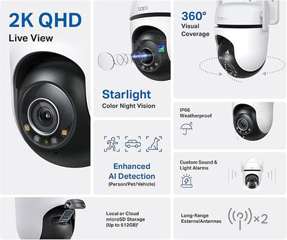 TP-Link Tapo 2K QHD Outdoor Pan/Tilt Wi-Fi Security Camera, 360° View, Motion Tracking, Color Night Vision, Free Person/Vehicle/Motion Detection, Cloud & SD Card Storage, 24/7 Recording, Tapo C520WS…